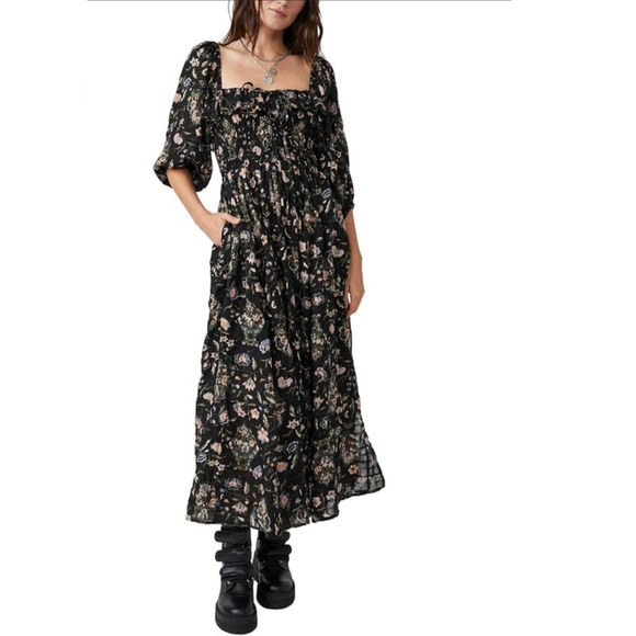 Free People Oasis Printed Midi Dress Black Women's Size Small - Picture 1 of 13